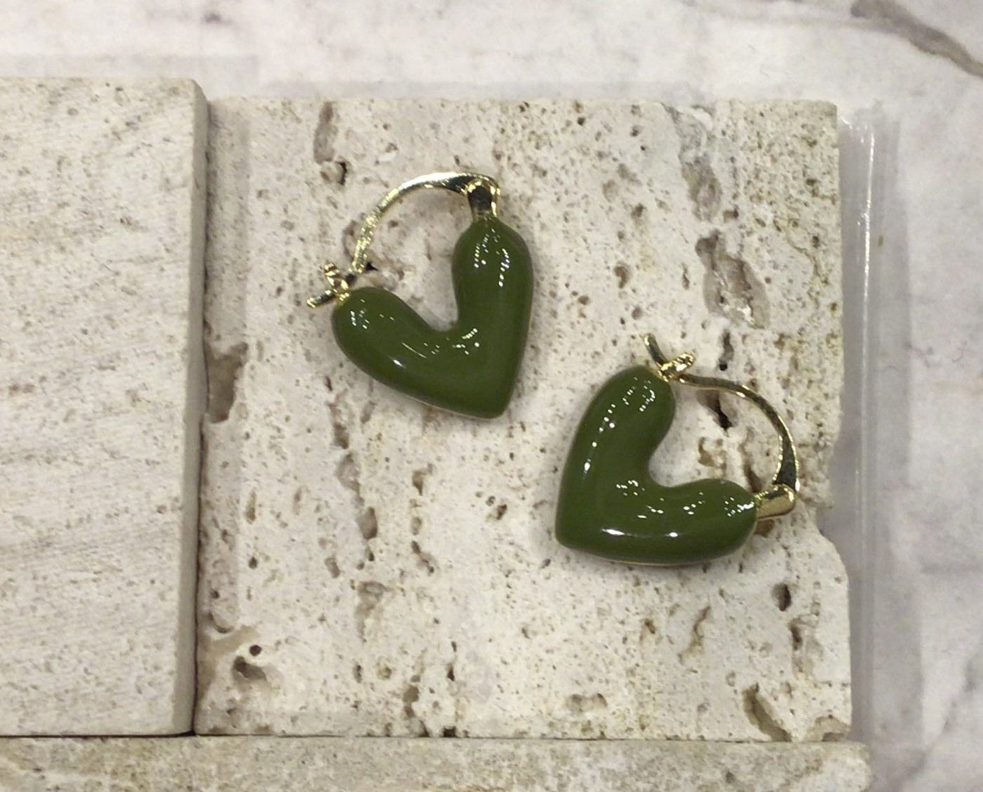 Enamel Heart Earrings Olive