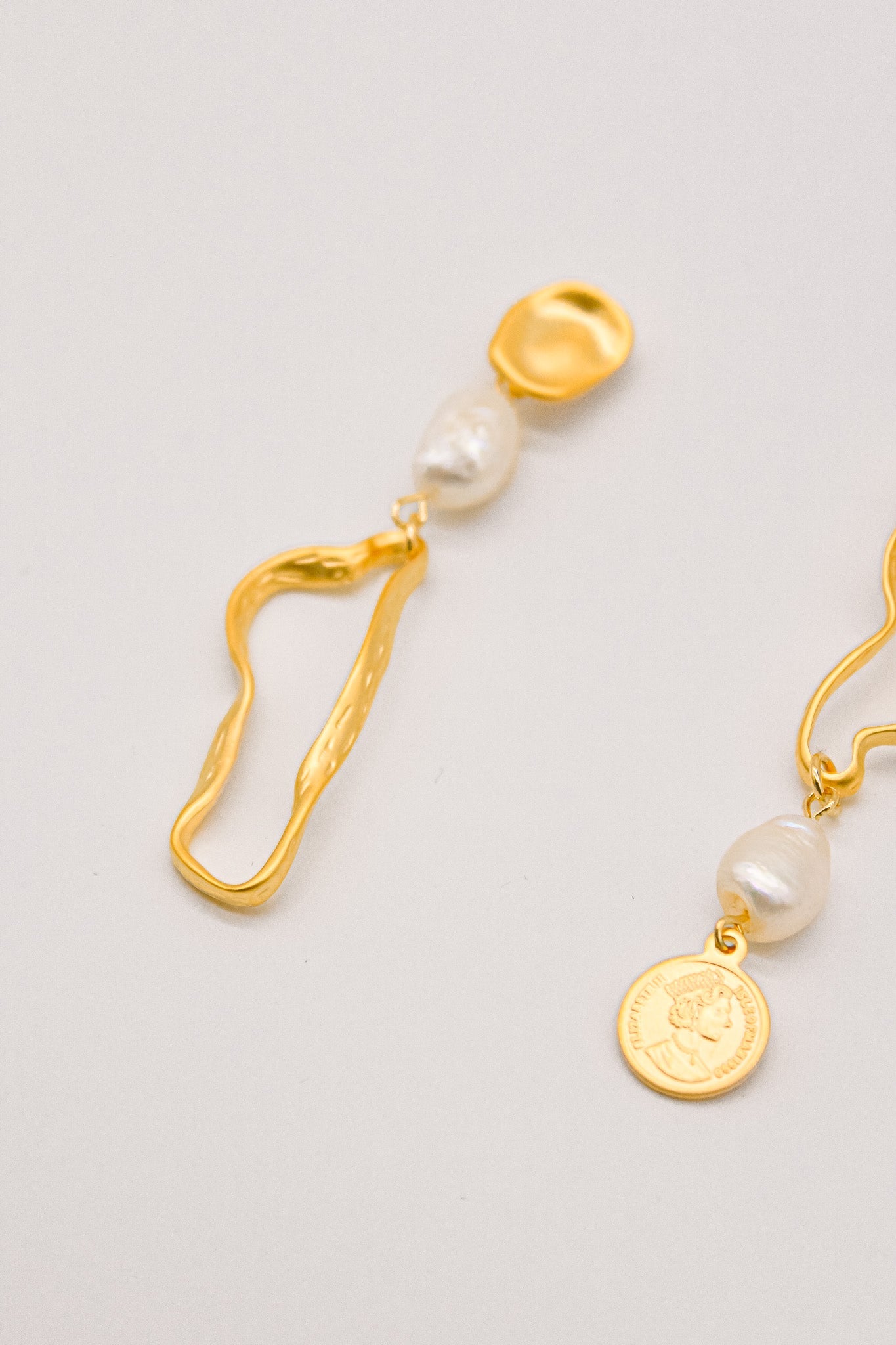 Gold Coin Drop Pearl Earrings