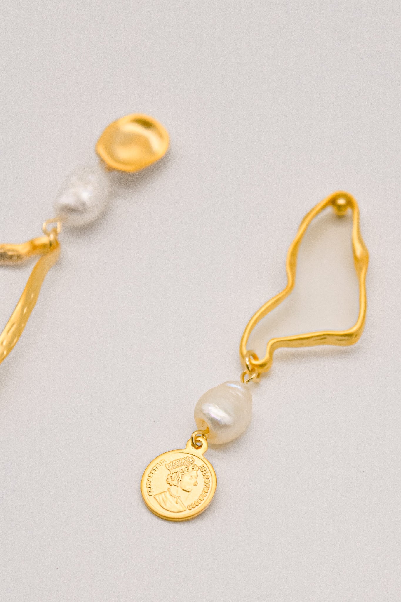 Gold Coin Drop Pearl Earrings