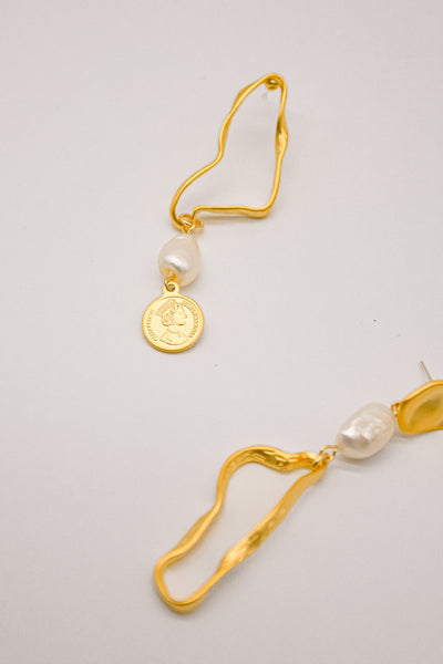 Gold Coin Drop Pearl Earrings