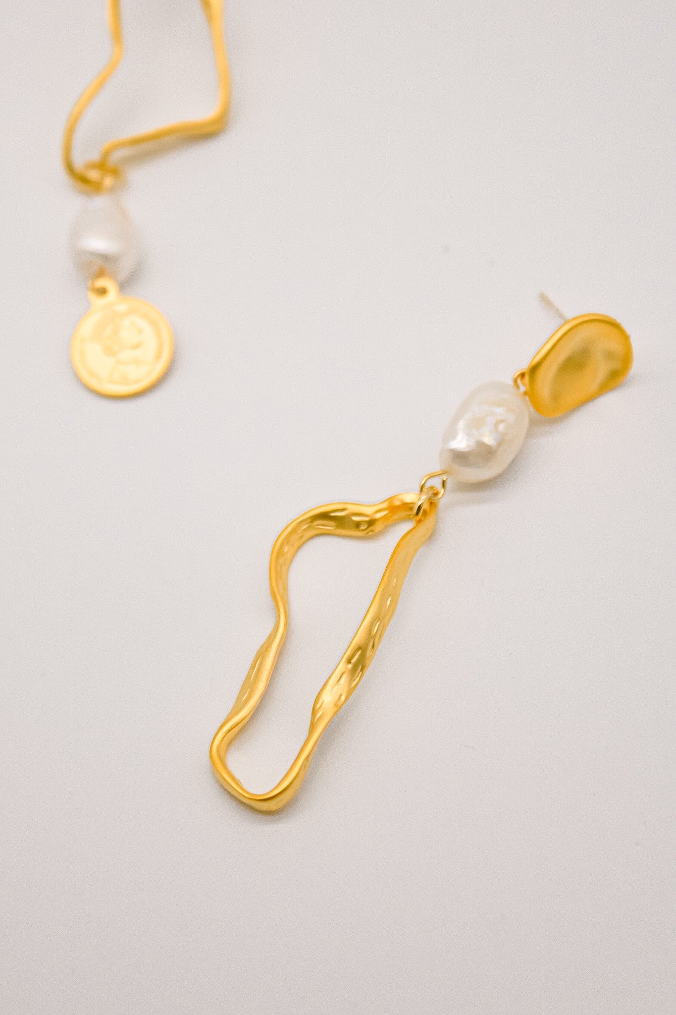 Gold Coin Drop Pearl Earrings