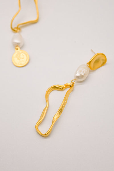 Gold Coin Drop Pearl Earrings