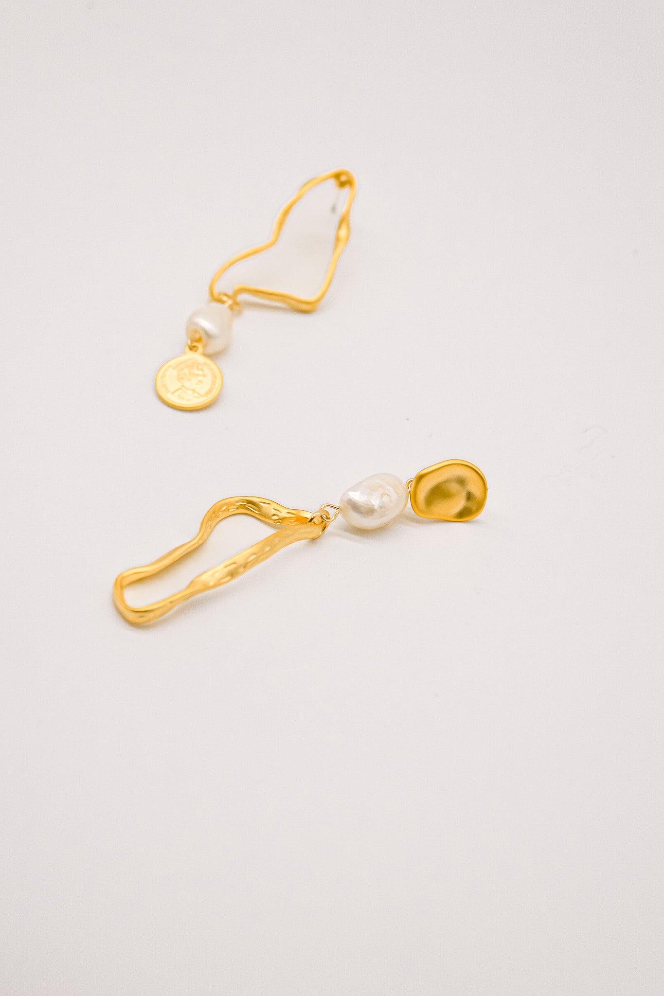 Gold Coin Drop Pearl Earrings