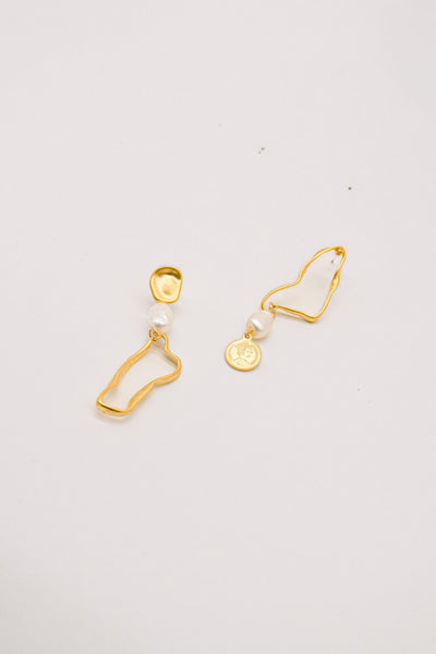 Gold Coin Drop Pearl Earrings