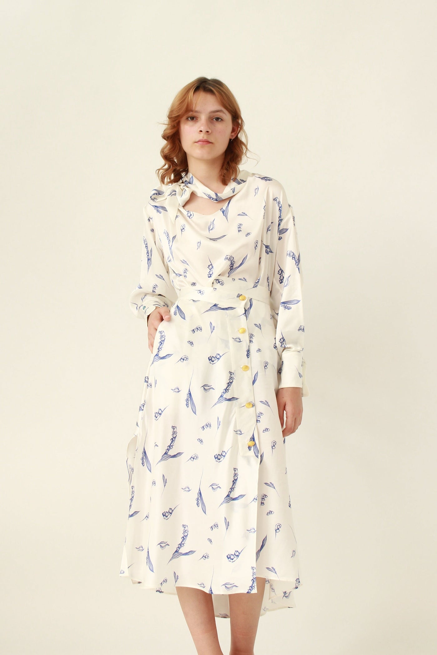 Lily Button Skirt 100% Silk - White Blue