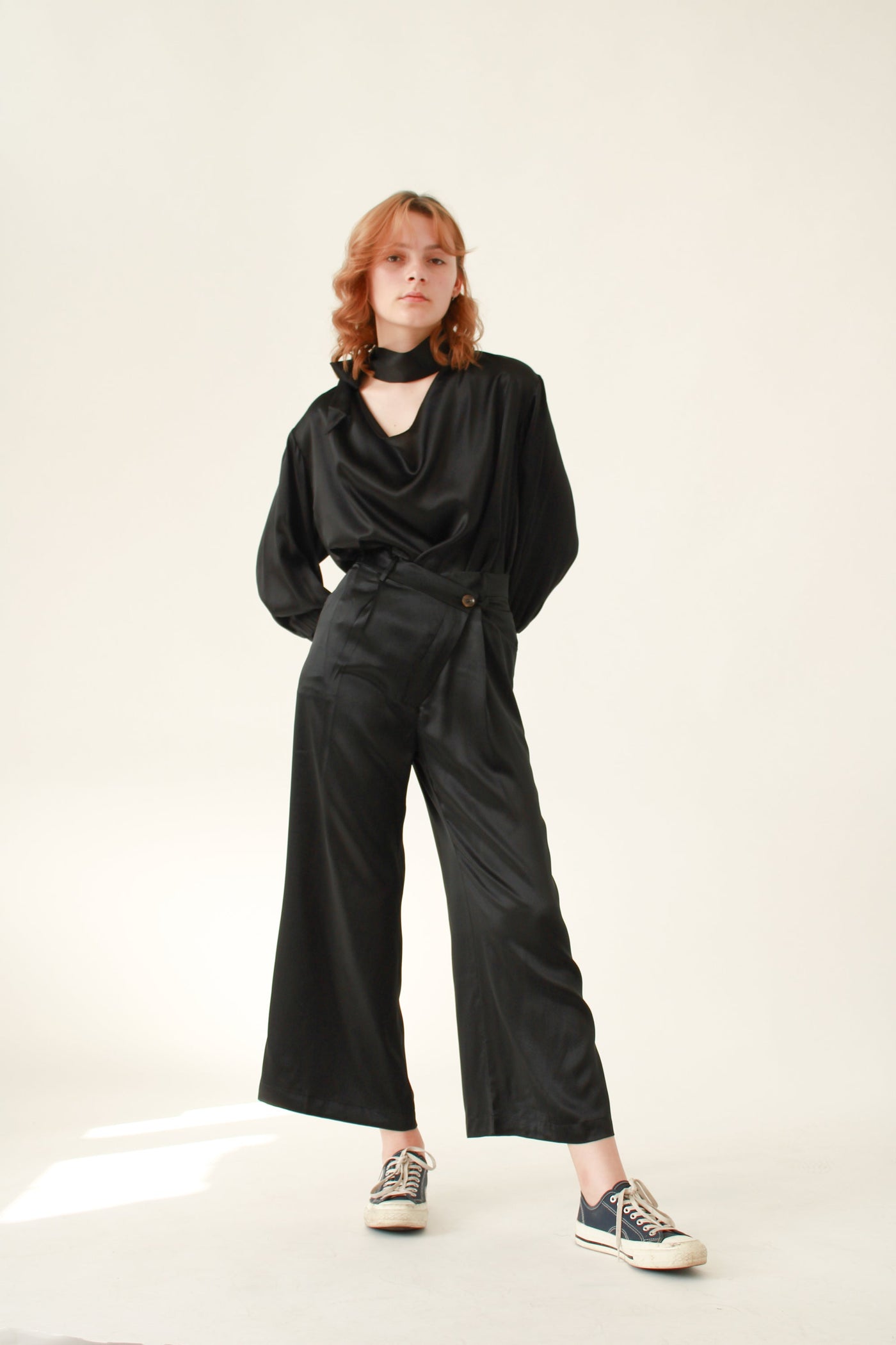 100% Silk Full Length Trousers - Black