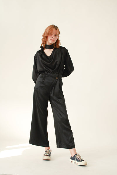 100% Silk Full Length Trousers -Black