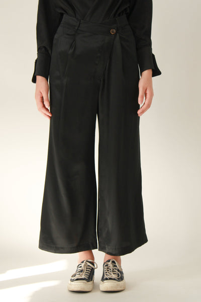 100% Silk Full Length Trousers -Black