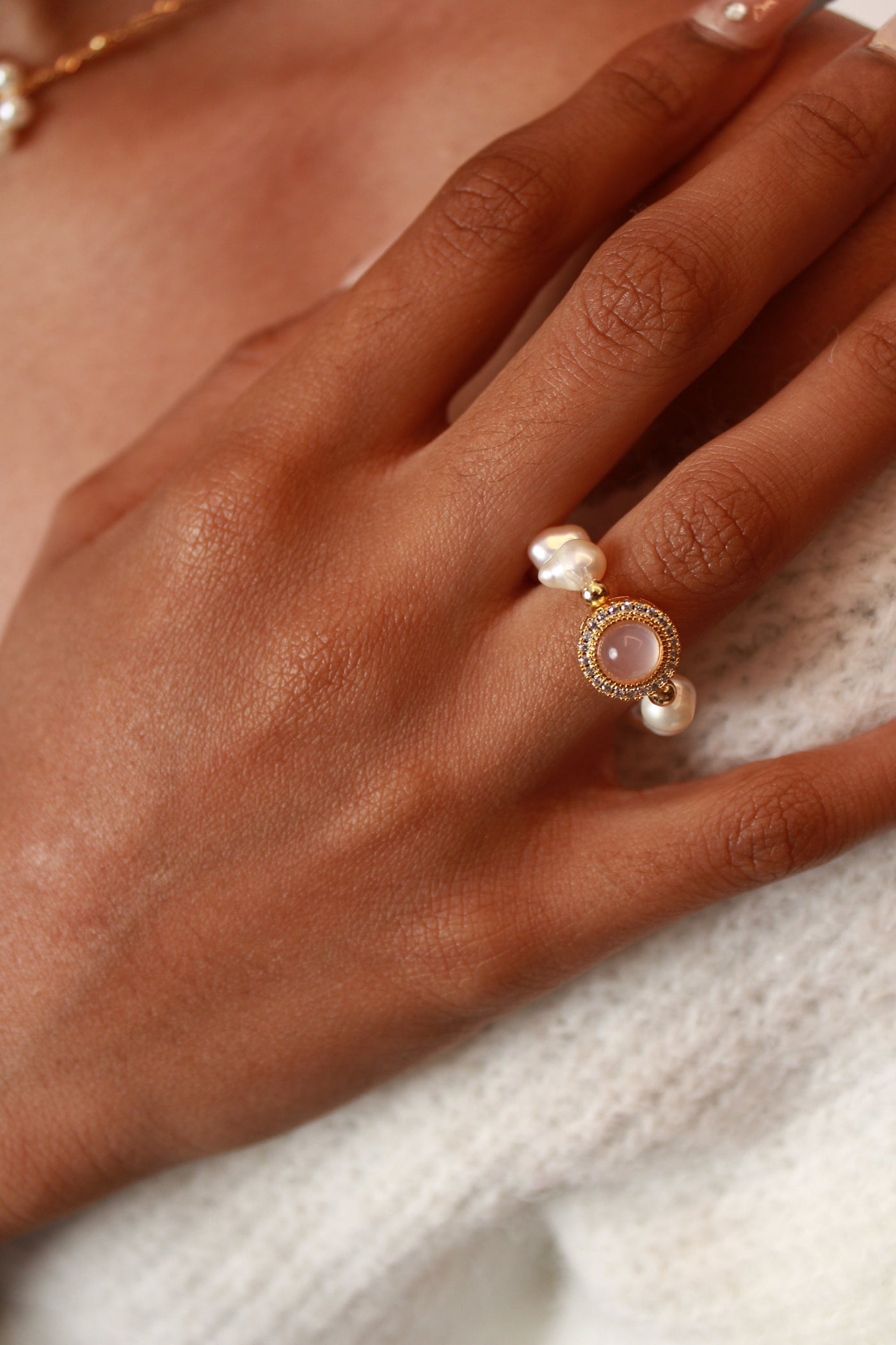 Pink Chalcedony and Pearl Ring