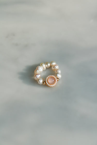 Pink Chalcedony and Pearl Ring