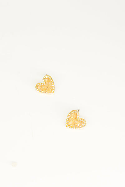 Crystal Heart Stud Earrings - Yellow