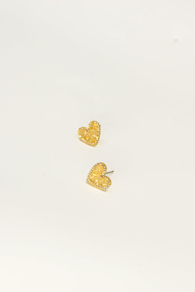 Crystal Heart Stud Earrings - Yellow