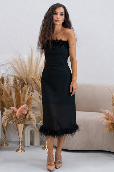 WOMENS OSTRICH FEATHER TRIMMED DRESS