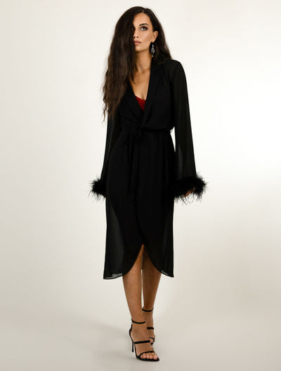 WOMENS OSTRICH FEATHER TRIMMED WRAP DRESS