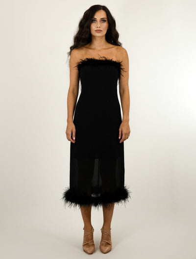 WOMENS OSTRICH FEATHER TRIMMED DRESS