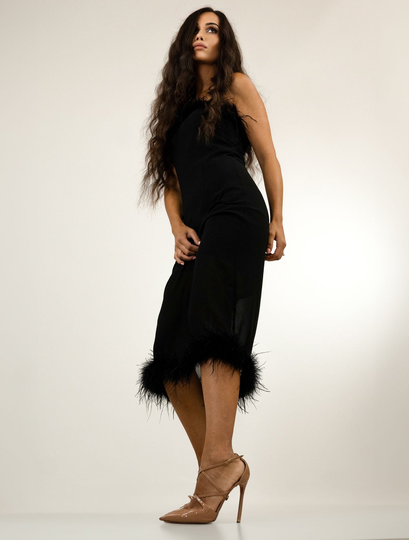 WOMENS OSTRICH FEATHER TRIMMED DRESS