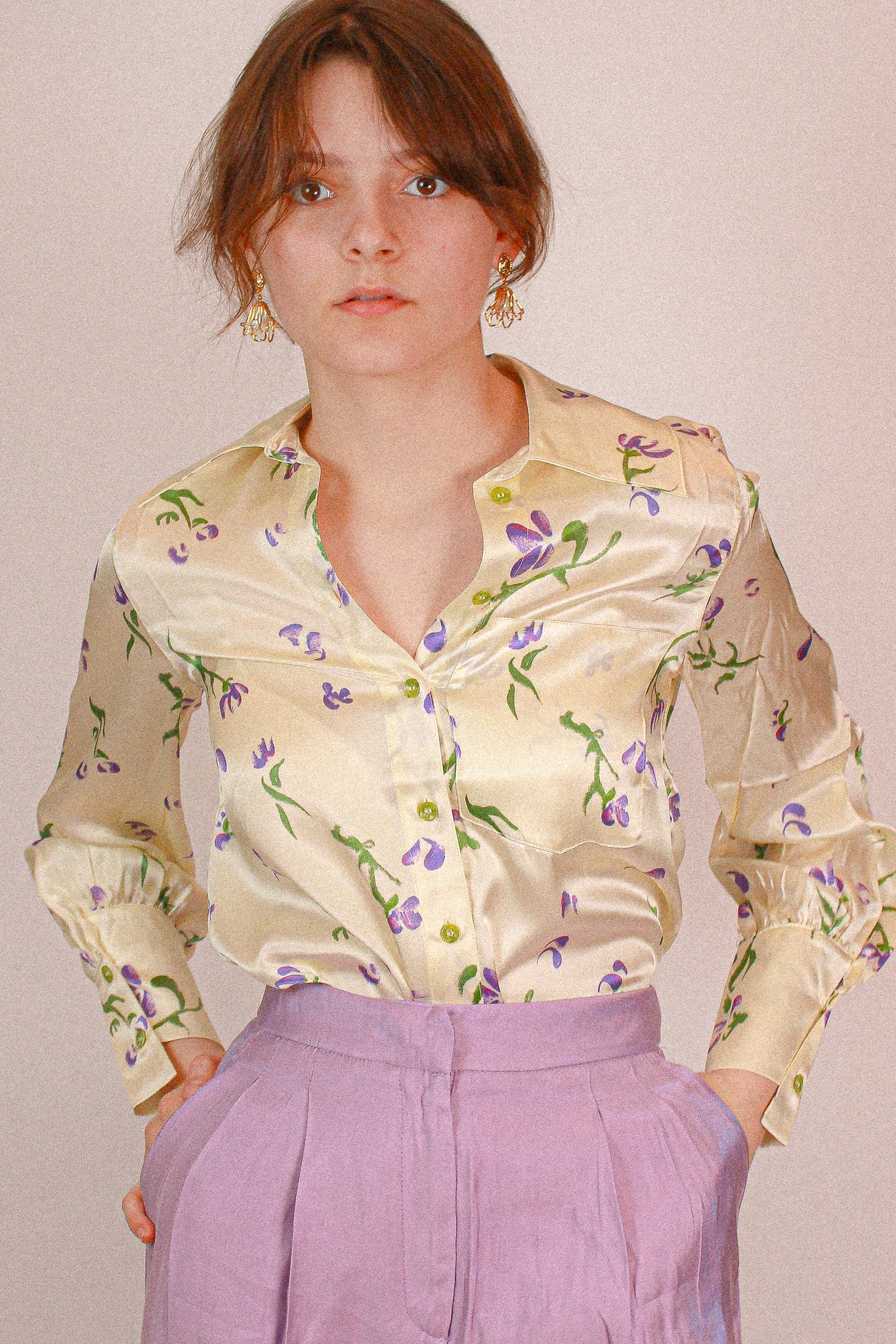 Lavender Printed Shirt 100% Silk