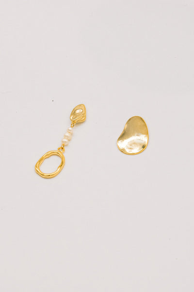 Asymmetrical One side Pearl Drop Gold Earrings