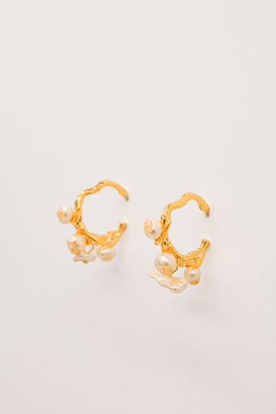 Gold Mini Pearl Floral Hoops Earrings