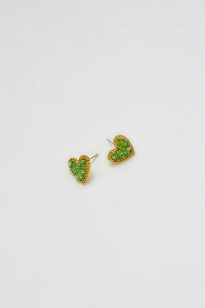 Crystal Heart Stud Earrings - Green