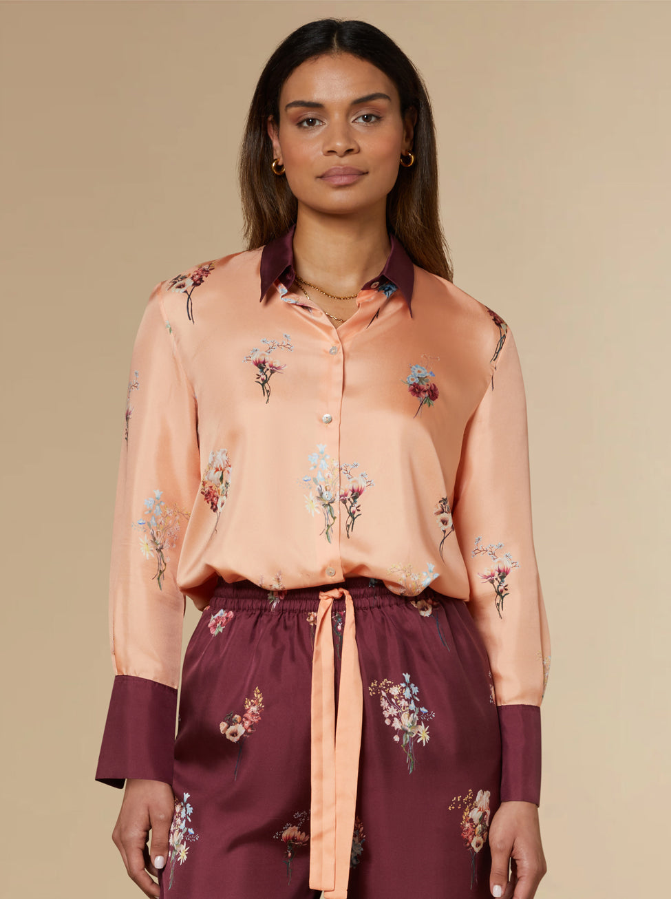 KAYLL SILK PEACH FLORAL PRINTED SHIRT MADE IN LONDON LUXURY SHIRT