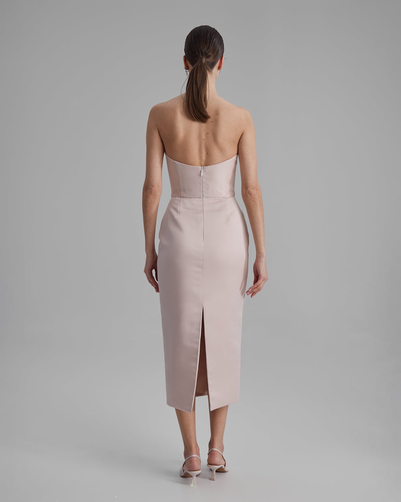 KIRA DRESS | strapless pencil midi in apricot pink