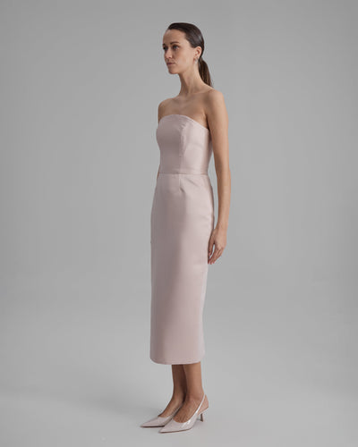 KIRA DRESS | strapless pencil midi in apricot pink