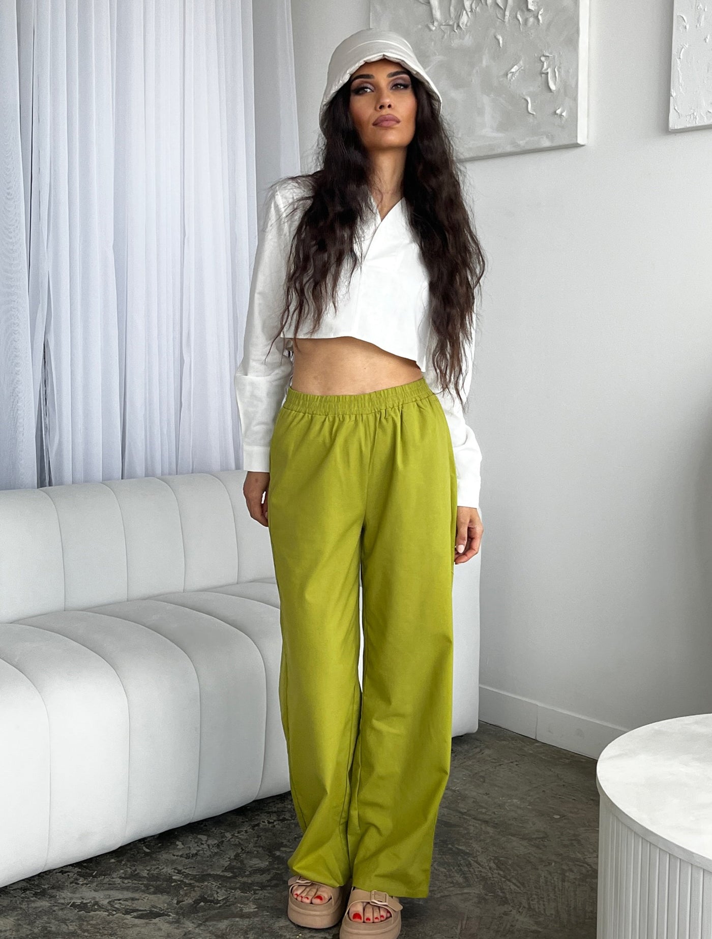 WOMENS HIGH WAIST LINEN TROUSERS LIME