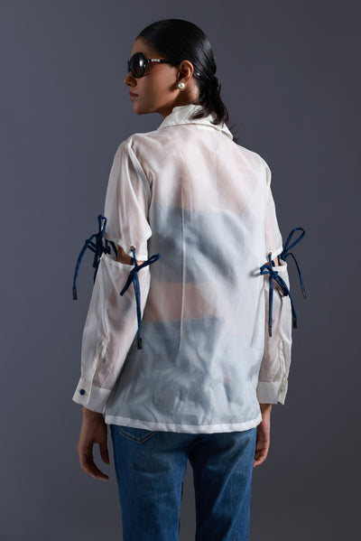 Organza Blazer With Denim Flowers And Leather Trims