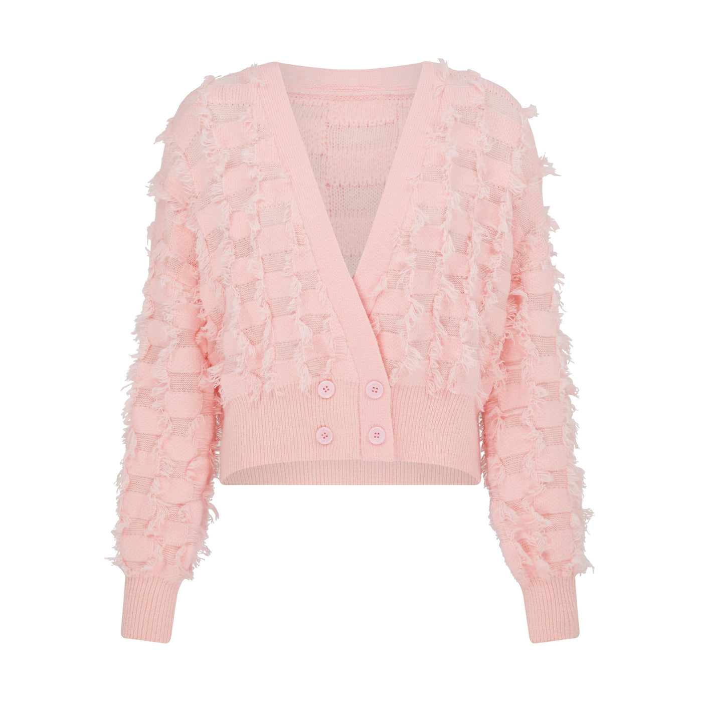 SOUR FIGS Fringed Checkerboard Cardigan in Pink