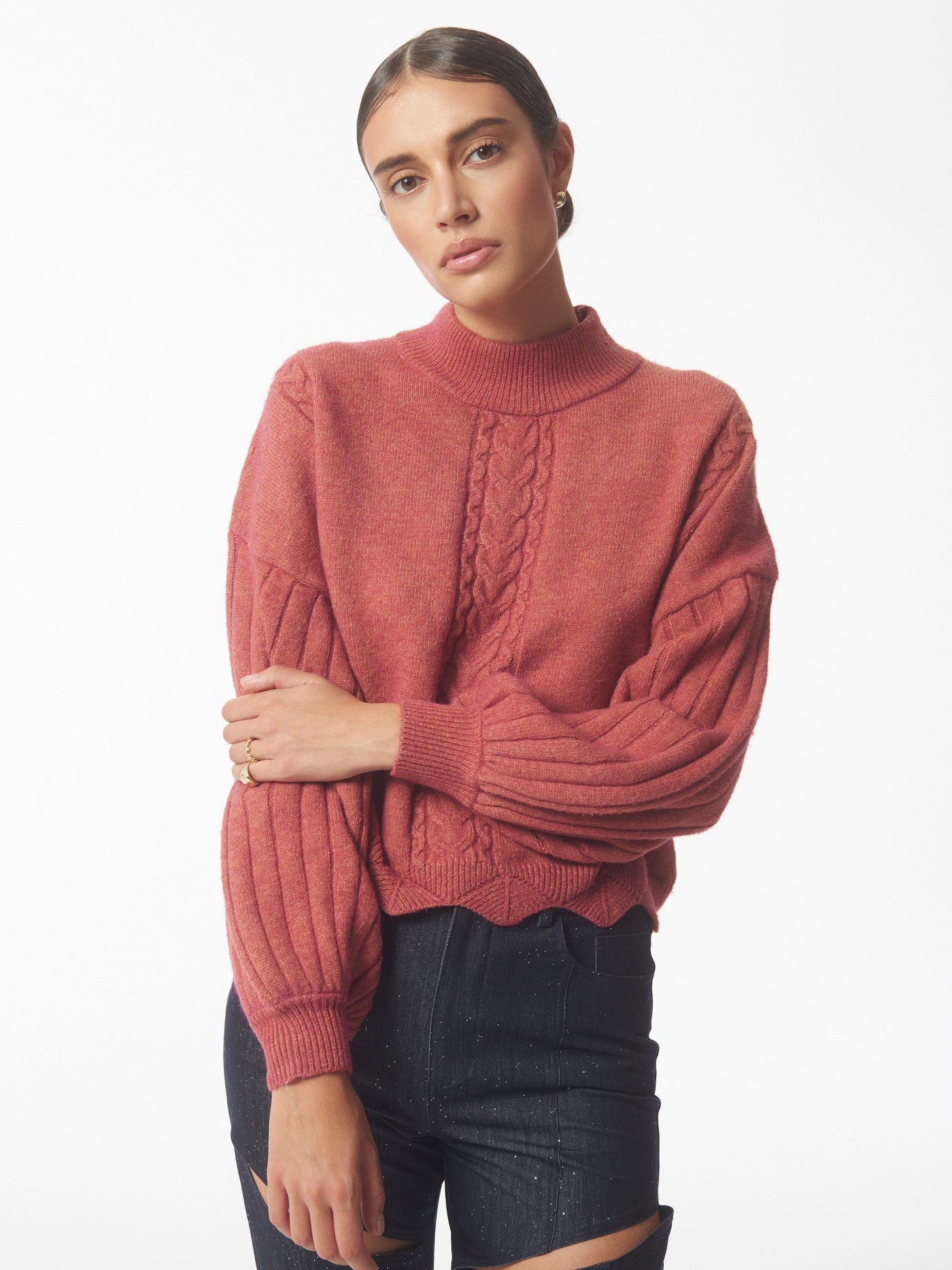 SOUR FIGS Batwing Sleeves Scallop Edge Knit Jumper in Brick Red