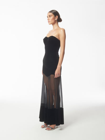 Bustier Velvet and Mesh Gown in Black