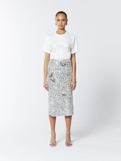 SOUR FIGS Floral Embellished Sequin Skirt in Silver