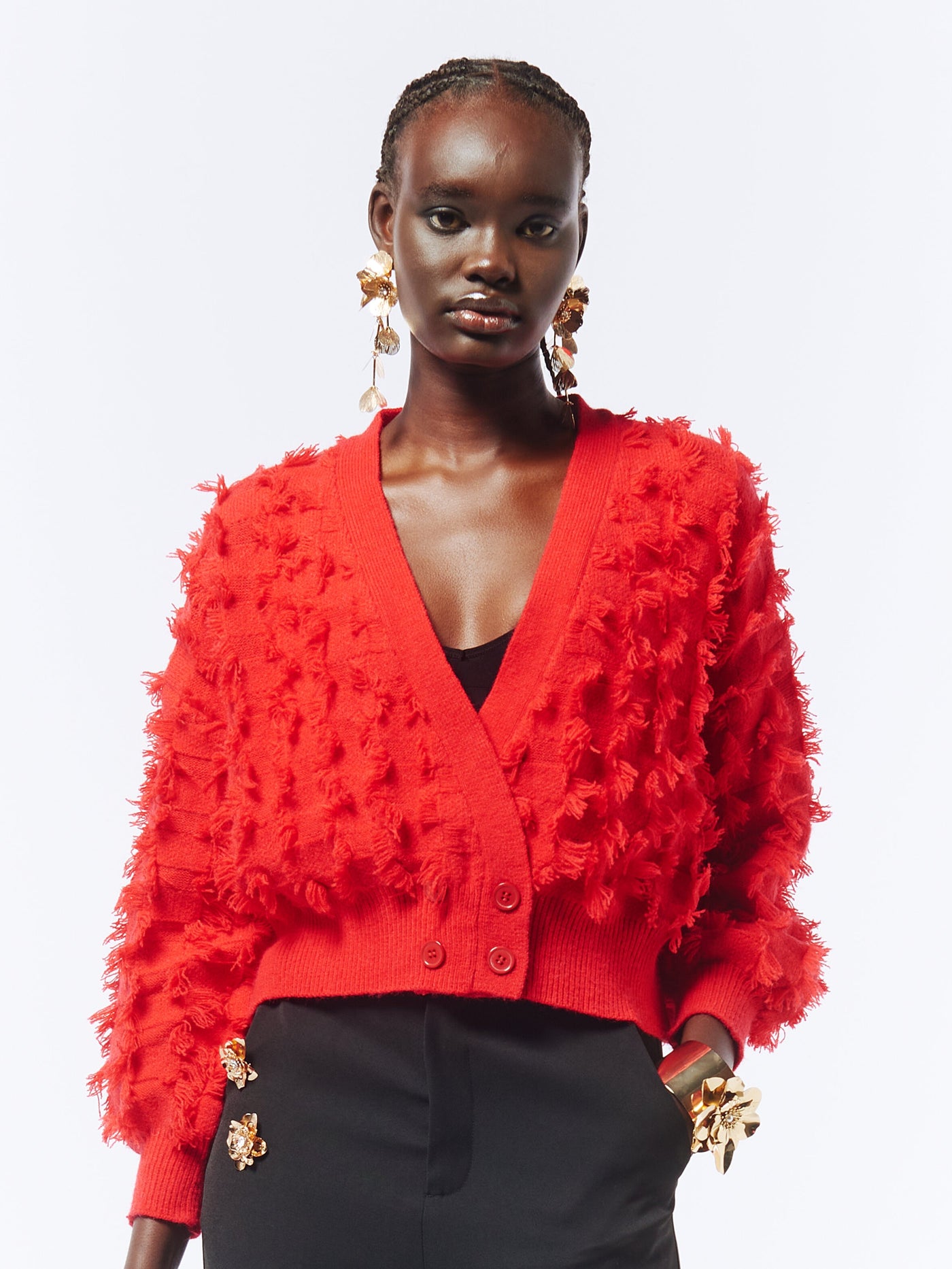 SOUR FIGS Fringed Checkerboard Cardigan in Lust Red