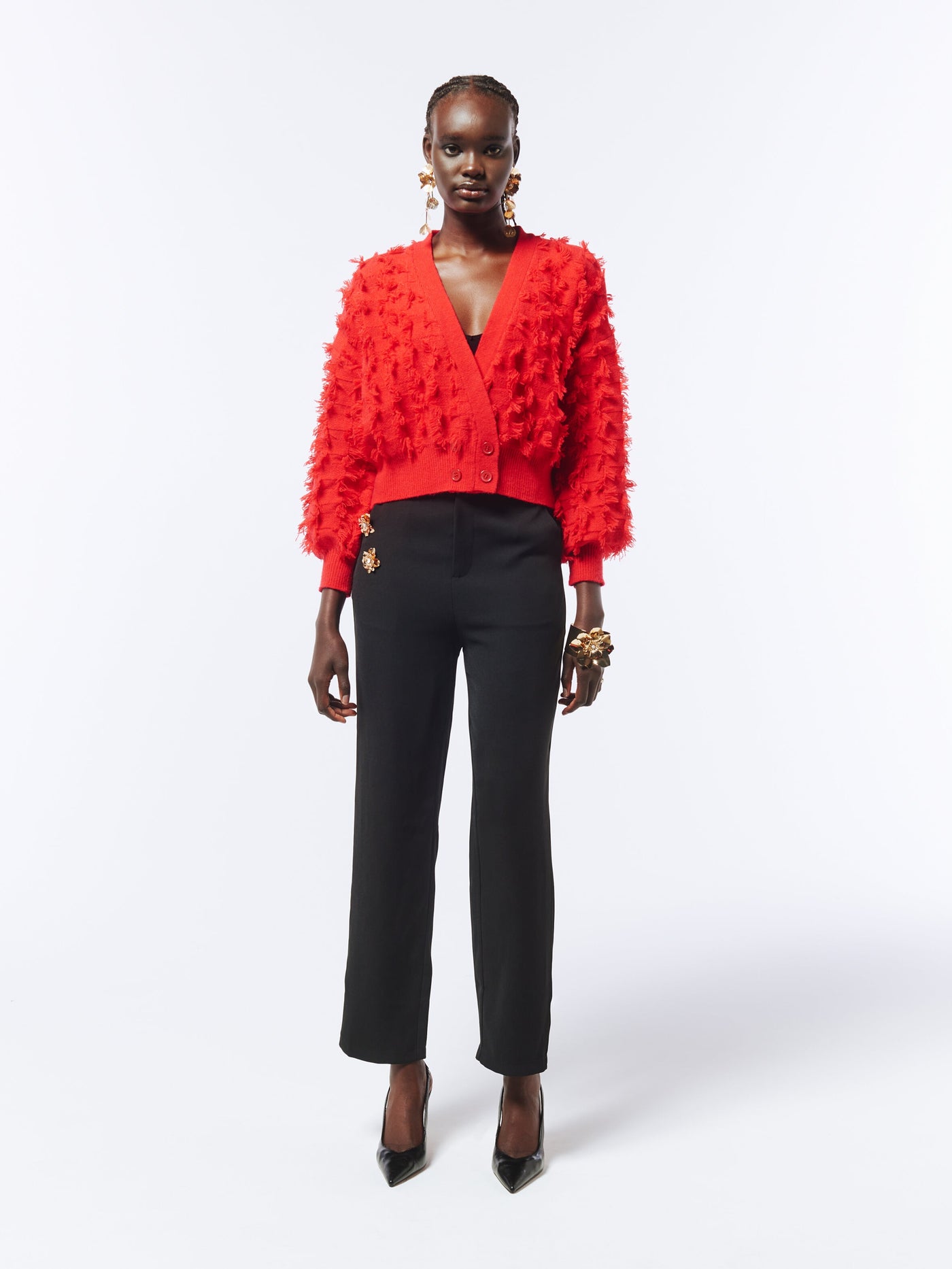 SOUR FIGS Fringed Checkerboard Cardigan in Lust Red