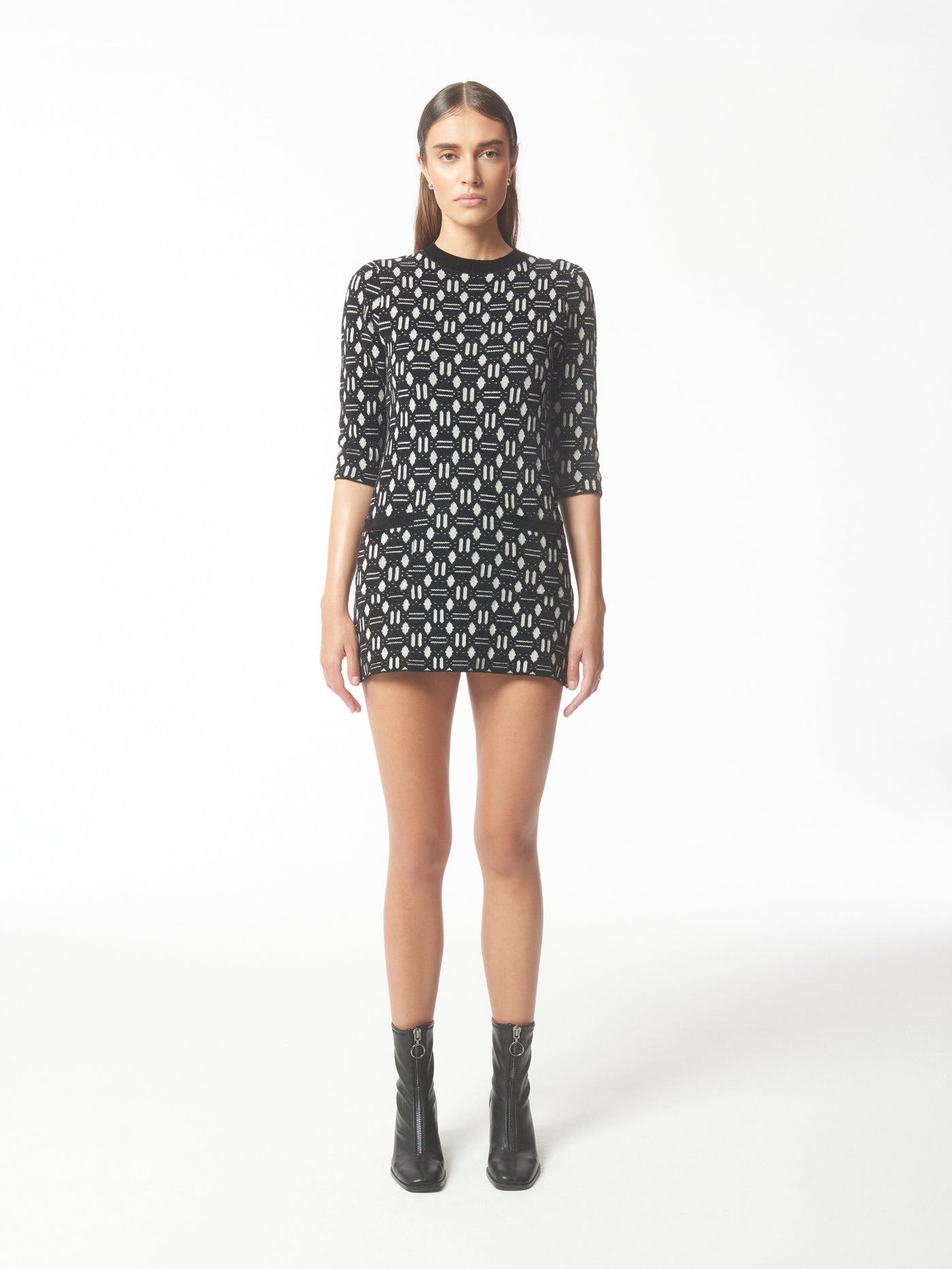 SOUR FIGS Geometric Jacquard Knit Dress in Black and White