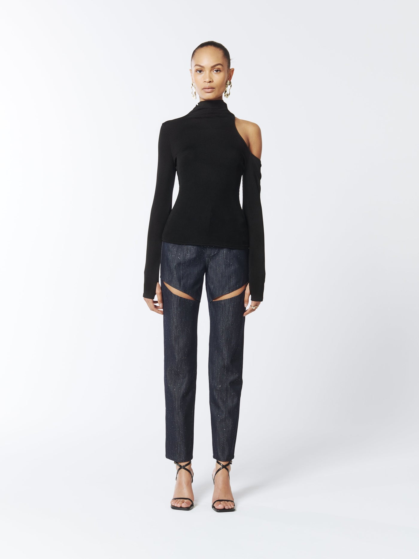 SOUR FIGS Asymmetric One-Shoulder Cutout Turtleneck Jumper in Black