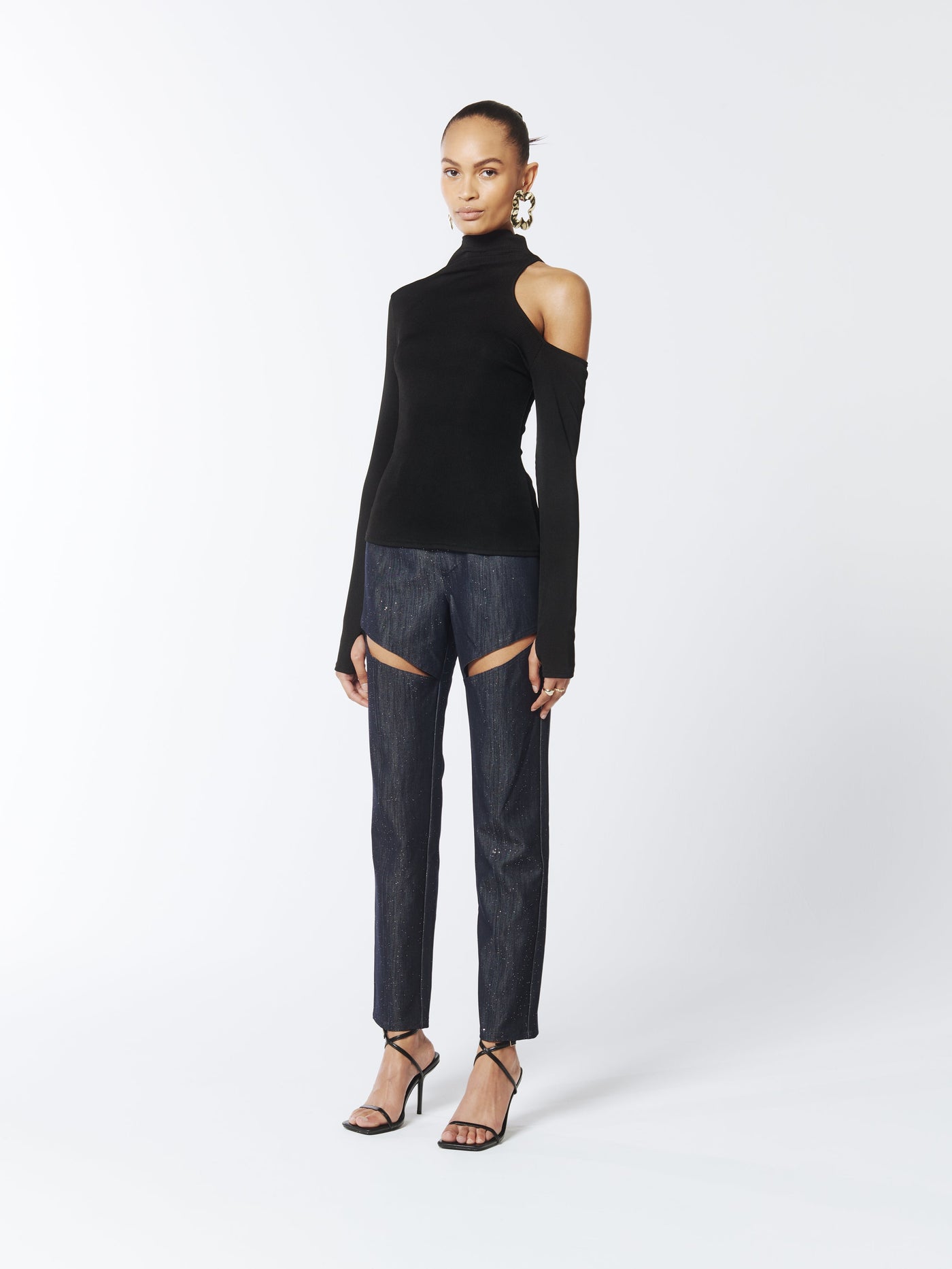 SOUR FIGS Asymmetric One-Shoulder Cutout Turtleneck Jumper in Black