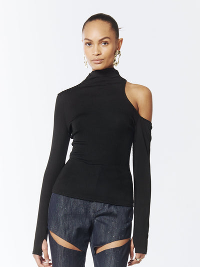 SOUR FIGS Asymmetric One-Shoulder Cutout Turtleneck Jumper in Black