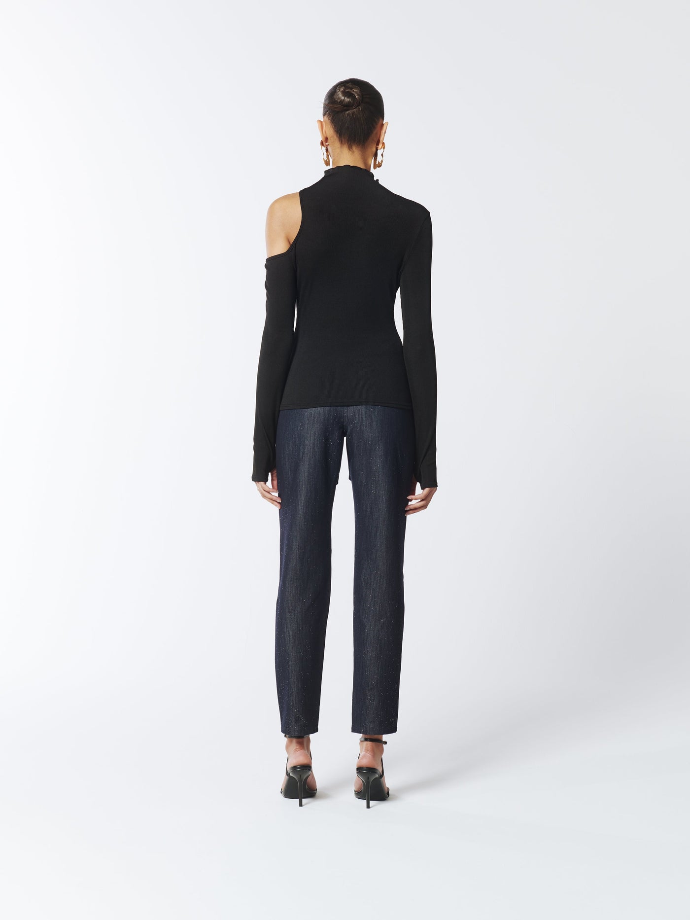 Asymmetric One Shoulder Cutout Turtleneck Knit Top in Black