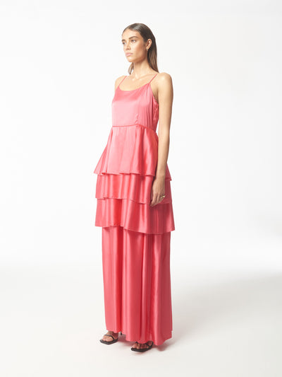 Tiered Ruffled Satin Maxi Dress in Coral Pink