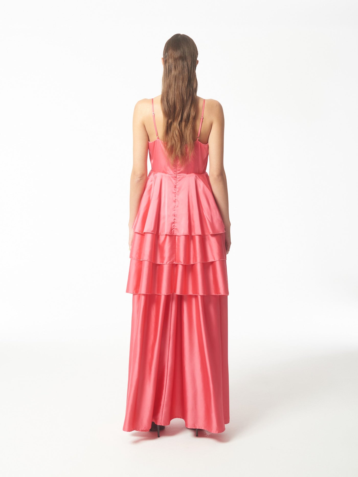 Tiered Ruffled Satin Maxi Dress in Coral Pink