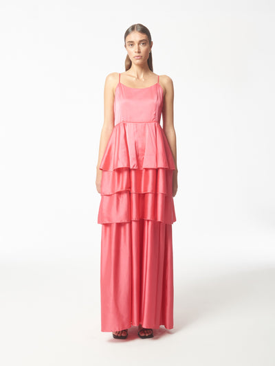 Tiered Ruffled Satin Maxi Dress in Coral Pink