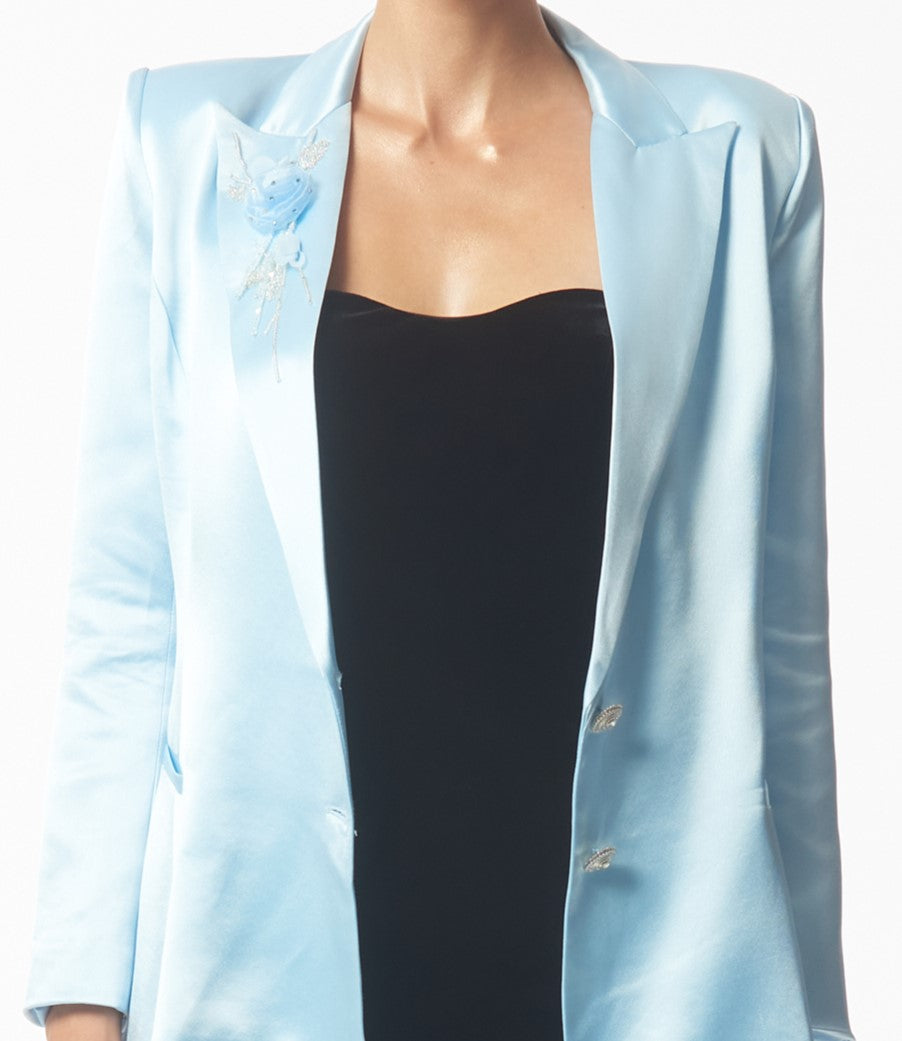 SOUR FIGS Embellished Satin Blazer Jacket in Baby Blue detailSOUR FIGS Floral Applique Crystal Embellished Satin Blazer Jacket in Baby Blue