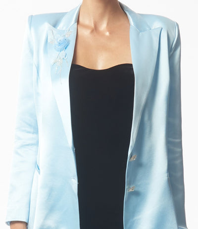 SOUR FIGS Embellished Satin Blazer Jacket in Baby Blue detailSOUR FIGS Floral Applique Crystal Embellished Satin Blazer Jacket in Baby Blue