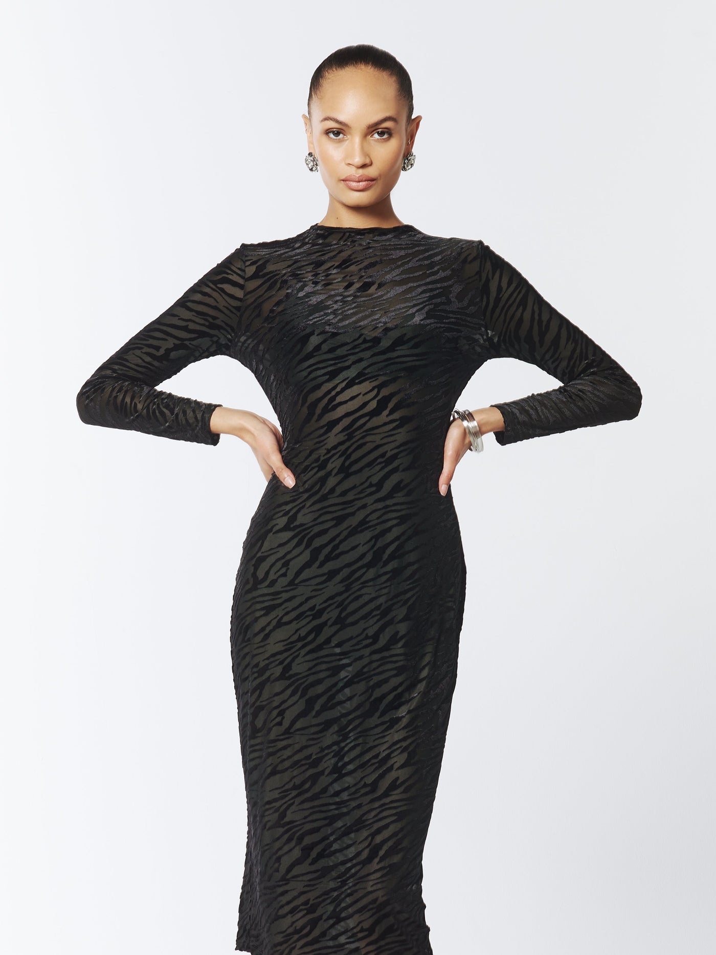 SOUR FIGS Black Zebra Pattern Velvet and Mesh Midi Dress