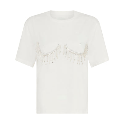 SOUR FIGS Crystal Fringed T-shirt in White crystal bustier top