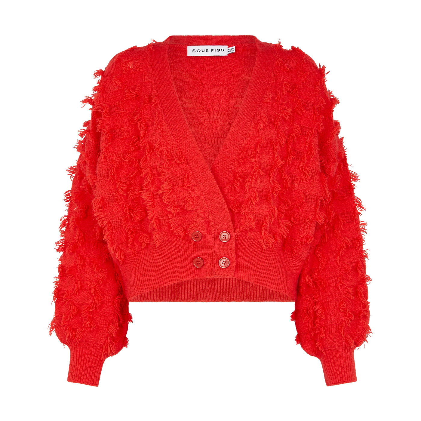 SOUR FIGS Fringed Checkerboard Cardigan in Lust Red