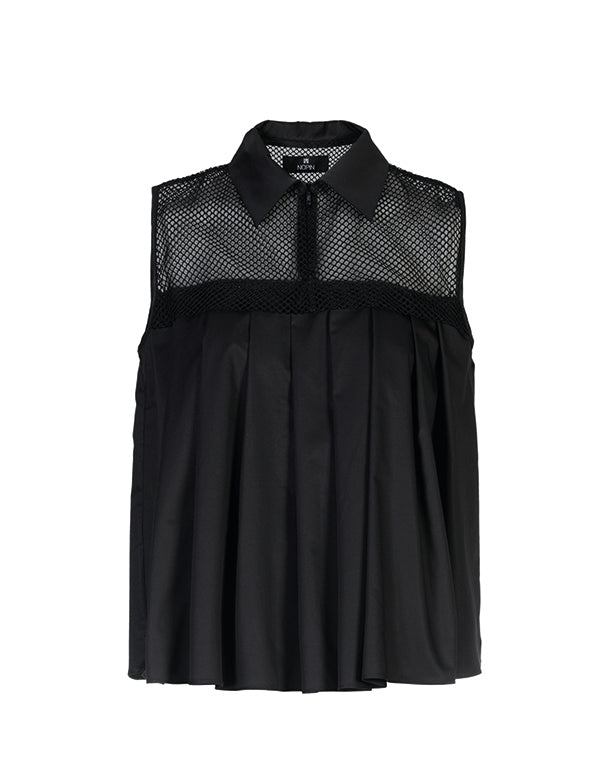 Black Hollow Pleated Blouse with Mesh