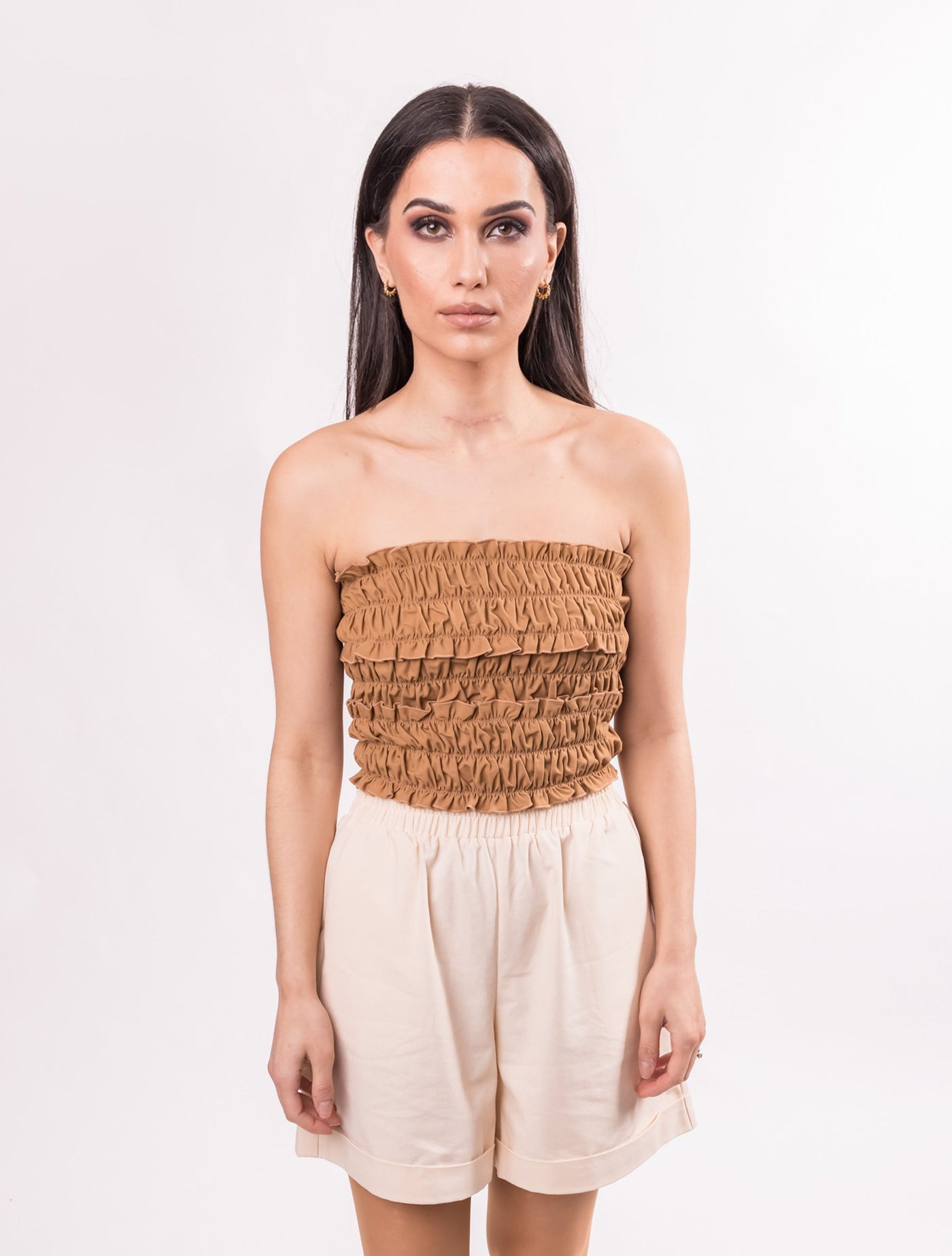 WOMENS SHIRRING TOP CARAMEL